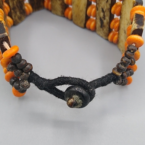 Handmade Engraved Wood & Bead Wide Cuff Bracelet with Black Cord Button Closure - Picture 2 of 12